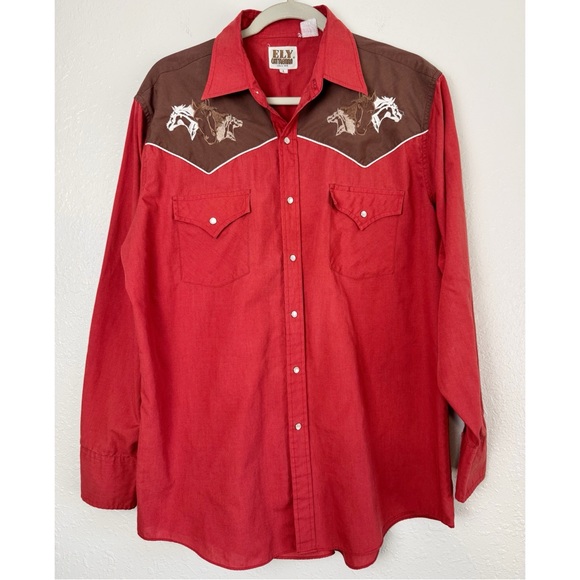 Vintage Ely Cattleman red pearl snap button popper horse western cowboy shirt L - Picture 11 of 11